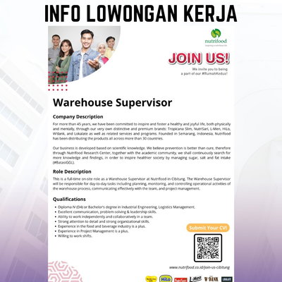 [INFO LOWONGAN KERJA]

Nutrifood membuka kesempatan berkarier untuk posisi Warehouse Supervisor. Posisi ini ditujukan bagi profesional yang memiliki kemampuan dalam mengelola operasional gudang, kepemimpinan, serta koord