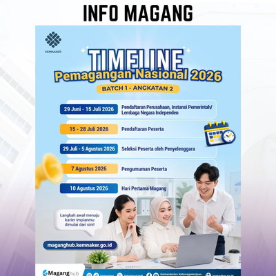 📢 INFO PROGRAM PEMAGANGAN NASIONAL LULUSAN PERGURUAN TINGGI
Halo Alumni dan Lulusan! 👋
Kementerian Ketenagakerjaan RI kembali membuka Program Pemagangan Nasional Batch I Angkatan 2. Program ini menjadi kesempatan unt