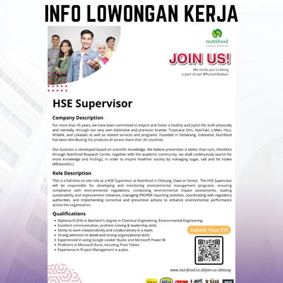 [INFO LOWONGAN KERJA]

Nutrifood membuka kesempatan berkarier untuk posisi HSE Supervisor. Posisi ini diperuntukkan bagi profesional yang memiliki ketertarikan di bidang Health, Safety, and Environment (HSE) serta siap b