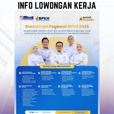 [INFO LOWONGAN KERJA]

Bersama BPKH, mari menghadirkan manfaat yang lebih luas bagi umat dan mengambil peran dalam perjalanan penuh arti untuk mewujudkan semangat #SemuaBisaHaji.

Karena setiap karya, setiap inovasi, dan