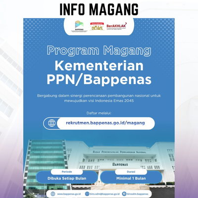[INFO MAGANG]

Kementerian PPN/Bappenas membuka kesempatan magang bagi mahasiswa aktif yang ingin menjadi bagian dari perencanaan pembangunan nasional dan berkontribusi dalam mewujudkan visi Indonesia Emas 2045.

Program