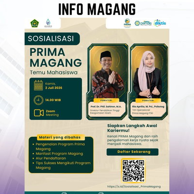 [INFO MAGANG]

PENGEN MAGANG?
yuk ikut PRIMA Magang PTKI 2026!

Gimana caranya? 
Apa yang harus disiapkan?
Bagaimana strateginya?

Yuk ikuti Temu Mahasiswa PRIMA Magang PTKI, dijelasin langsung dari pemateri dari DIKTIS 