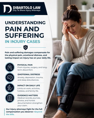 After an accident, many injury victims focus first on medical bills, missed paychecks, and repairing damaged property. However, physical pain and emotional hardship can often have an even greater impact on daily life.

In New Jersey and Pennsylvania personal injury cases, pain and suffering damages are designed to compensate injured individuals for the physical discomfort, emotional distress, and long-term challenges caused by another party’s negligence. At DiBartolo Law, we understand how serious these losses can be and fight to help clients pursue the full compensation they deserve.

Learn more: https://www.dibartoloinjurylaw.com/blog/understanding-pain-and-suffering-in-nj-injury-cases/