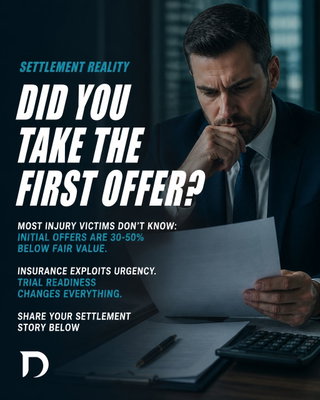 Here's what we see happen over and over: an injury victim gets a settlement offer from the insurance company. It feels like a lot of money. But it's almost never what you actually deserve.

Why? Insurance companies bank on three things:
• You're in pain and want this over
• You don't know what trial readiness looks like
• You don't have legal backup to push back

We've watched clients turn down lowball offers and walk away with 30-50% MORE because they were willing to go to trial. That leverage changes everything.

If you've been through this-whether you settled too fast, fought back, or you're facing an offer right now-we want to hear from you. Drop your story or question in the comments. Let's talk about what fair actually looks like.

Trial attorney, fearless advocate, your corner. That's how we work.