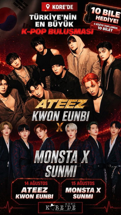 K-POP konserine birlikte gidiyoruz! 🎤🔥
14–15 Ağustos konseri için 5 kişiye, kişi başı 2 bilet (toplam 10 bilet) hediy