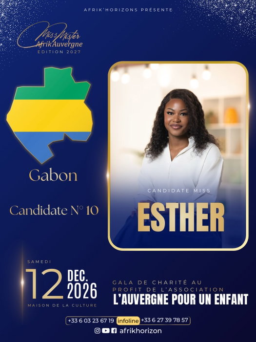 MISS & MISTER AFRIK’AUVERGNE 2027 ✨ Le Collectif Afrik’Horizons a l’honneur de vous présenter 👑 La candidate n°10 : Esther Originaire du Gabon 🇬🇦…