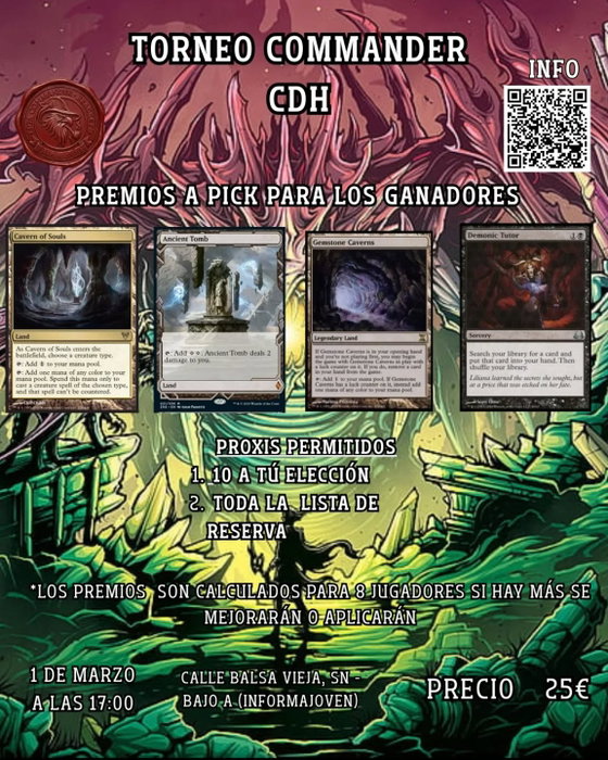 Torneo Commander CDH, el próximo día 1 de marzo. ¡No dudéis en apuntaros!

#clubderolthorondor