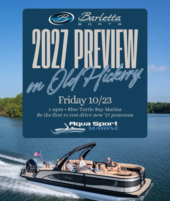 Join us this Friday, October 23rd, from 1–6 PM at Blue Turtle Bay Marina for a preview of the 2027 Barletta pontoons!

Aqua Sport Marine will be on-site offering test drives of the new models.