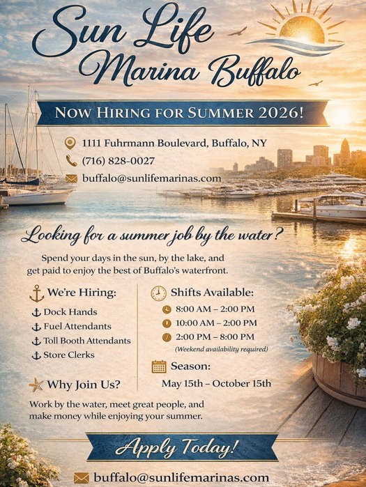 Sun Life Marina in Buffalo is officially hiring! Join the team & work in the sun the 2026 season☀️⚓️