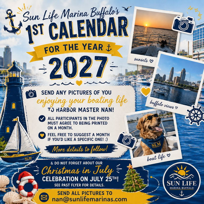 Exciting development! SLM Buffalo is making their very first calendar for the year 2027 & you can be in it😁 Email any photos that you wish to be included to: nan@sunlifemarinas.com.
Even request a month if there’s a special month you’d like to see your pictures on!
Happy reminder that Christmas in July is approaching, we hope to see you light up the lake!