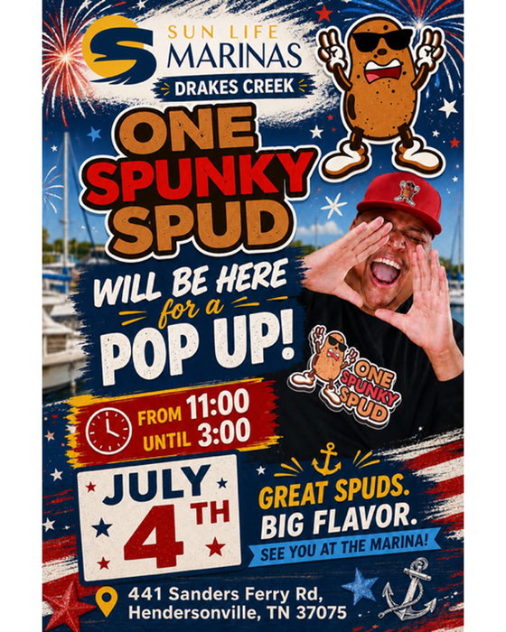 Follow the smell of fresh baked potatoes. 🥔

One Spunky Spud is set up at Drakes Creek Marina today until 3:00 PM, serving up loaded baked potatoes piled high with your favorite toppings.

Take a break from the lake, grab lunch with friends and family, and enjoy one of the tastiest stops you'll make all day. Swing by while they're here!

📍 Sun Life Marinas Drakes Creek
🕚 Serving today from 11:00 AM – 3:00 PM
📅 Today, July 4
