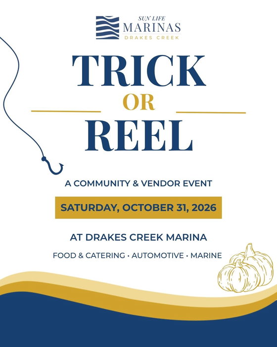 Get ready for TRICK OR REEL at Drakes Creek Marina! 🎣🎃

Join us on Saturday, October 31, for a day of community fun, local vendors, and waterfront excitement!

Whether you're a fishing enthusiast, a local resident, or just looking for something fun to do, there's something for everyone! Explore a variety of vendors featuring food and catering, automotive, marine products, and more.

Mark your calendars, bring your friends and family, and come enjoy the day with us at Drakes Creek Marina! ⚓