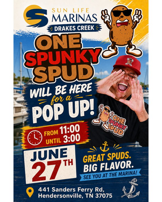 One Spunky Spud will be popping up at Drakes Creek this Saturday, June 27, from 11:00 AM – 3:00 PM!

Swing by for a loaded baked potato (or two) before heading out on the water. 🥔

📍 Sun Life Marinas Drakes Creek
🕚 11:00 AM – 3:00 PM

See you Saturday! ⚓️