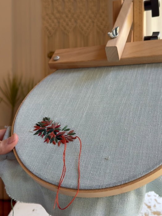 What are you working on, crafting and embroidery friends? I’m finally making my way back around to this piece and even using my stand for a change. It makes such a difference to have both hands free while stitching!