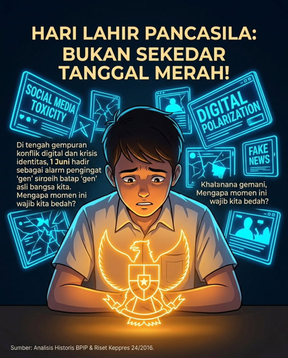 JANGAN CUMA JADIKAN 1 JUNI TANGGAL MERAH REBAHAN! 

Bagi sebagian dari kita, hari ini mungkin cuma bonus hari libur di kalender. 

Tapi tunggu dulu, tahu gak sih kalau 1 Juni itu adalah hari di mana fondasi intelektual paling jenius di Nusantara ini resmi lahir?  

Yuk, kita bedah sejarahnya biar gak sekadar ikut upacara seremonial doang:

1️⃣ Bukan Lahir Instan: 

1 Juni 1945 adalah momen Bung Karno berpidato tanpa teks di sidang BPUPKI untuk mencetuskan nama Pancasila. Namun gagasannya gak langsung final, melainkan harus melewati perdebatan sengit di Panitia Sembilan (Piagam Jakarta) hingga disahkan final pada 18 Agustus 1945.

2️⃣ Dua Istilah Berbeda: 

Jangan sampai ketukar antara Hari Lahir Pancasila (1 Juni) dengan Hari Kesaktian Pancasila (1 Oktober).

Kalau 1 Juni merayakan ruang diskusi yang inklusif-demokratis, 1 Oktober punya latar belakang politik Orde Baru pasca-peristiwa G30S.

3️⃣ Baru Sah di 2016: Peringatan resmi dan tanggal merah 1 Juni ini sebenarnya barang baru, karena baru disahkan secara hukum oleh Presiden Jokowi lewat Keppres No. 24 Tahun 2016.  

Di tahun 2026 ini, di tengah gempuran hoaks, adu domba di media sosial, dan krisis identitas, Pancasila adalah satu-satunya pelindung agar bangsa yang super beragam ini gak pecah berantakan. 

Tugas kita bukan cuma menghafal silanya, tapi mempraktikkannya lewat keadilan sosial dan gotong royong digital!  

Gimana caramu menghidupkan nilai Pancasila di tongkrongan atau dunia digitalmu hari ini? Diskusi sehat di bawah, yuk! 👇

#HariLahirPancasila #HarlahPancasila2026 #1Juni2026 #SejarahIndonesia #GenZKritis MelekSejarah BungKarno BPUPKI IdologiBangsa GotongRoyong PersatuanIndonesia