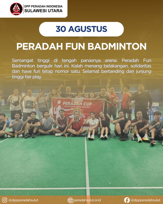 Kalah menang belakangan, solidaritas dan have fun tetap nomor satu. Terima kasih untuk semua peserta yang sudah meramaikan lapangan, bermain dengan penuh semangat, dan tetap menjunjung tinggi sportivitas.
Selamat kepada para pemenang:
Ganda Putra
โข Juara 1: Raja Terakhir (Pak Tony & Pak Tut Birit)
โข Juara 2: Ampas Kalapa (Didi & Wisnu Saputra)
โข Juara 3: TPN JAGO (Agung & Wili)
Ganda Putri
โข Juara 1: Kemenag on Fire (Puspa Anggraeni & Anna Sambow)
โข Juara 2: KMHDI (Tiaaa & Novie)
Rekap bagan dan skor lengkap pertandingan bisa dilihat melalui tautan di bio (peradahsulut.or.id/bagan).
Sampai jumpa di kegiatan Peradah berikutnya!
.
.
#PeradahFunBadminton #PeradahSulut #BadmintonSulut #SolidaritasPemuda #FunMatch