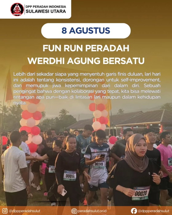 ๐ฅ Rute Ditaklukkan, Solidaritas Dikuatkan! ๐ฅ
Luar biasa energi teman-teman di acara FUN RUN PERADAH WERDHI AGUNG BERSATU hari ini! ๐โโ๏ธ๐จ Keringat, tawa, dan semangat pantang menyerah di lintasan jadi bukti nyata bahwa pemuda punya kekuatan luar biasa saat bergerak bersama.
Lebih dari sekadar siapa yang menyentuh garis finis duluan, lari hari ini adalah tentang konsistensi, dorongan untuk self-improvement, dan memupuk jiwa kepemimpinan dari dalam diri. Sebuah pengingat bahwa dengan kolaborasi yang tepat, kita bisa melewati rintangan apa punโbaik di lintasan lari maupun dalam kehidupan nyata.
#FunRunPeradah #WerdhiAgungBersatu #PemudaBergerak #PemudaMaju #SelfImprovement Leadership GayaHidupSehat SolidaritasTanpaBatas SinergiPemuda