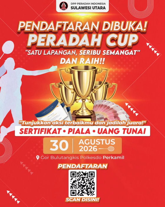 ๐ธ๐ฅ PENDAFTARAN PERADAH CUP RESMI DIBUKA! ๐ฅ๐ธ
Saatnya tunjukkan kemampuan terbaikmu di lapangan! ๐ช
Bukan hanya soal menang, tapi tentang semangat, sportivitas, persaudaraan, dan kebersamaan.
๐ PERADAH CUP 2026
"Satu Lapangan, Seribu Semangat"
๐
29 Agustus 2026
๐ GOR Bulutangkis Polsekdo Perkamil
Raih kesempatan membawa pulang:
๐
Sertifikat
๐ Piala
๐ฐ Uang Tunai
Link Pendaftaran
https://www.peradahsulut.or.id/daftarbulutangkis
๐ฅ TUNJUKKAN AKSI TERBAIKMU DAN JADILAH JUARA! ๐ฅ
Jangan cuma jadi penonton!
Ayo daftar, buktikan kemampuanmu, dan ramaikan Peradah Cup 2026! ๐ธ๐ฅ
๐ข Pendaftaran sudah dibuka!
Sampai jumpa di lapangan!