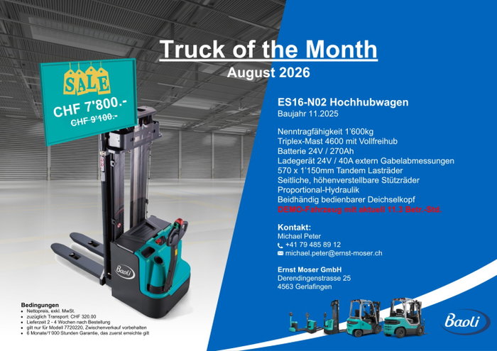 🚚✨ Truck of the Month – August 2026 Der Baoli ES16-N02 Elektro-Hochhubwagen ist unser Truck of the Month im August 2026