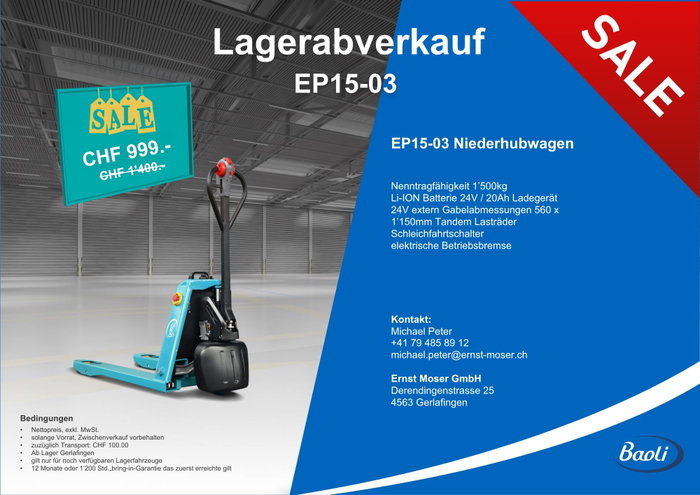 🚨 LAGERABVERKAUF BAOLI EP15-03! 🚨 🚚✨ Sichern Sie sich den Baoli EP15-03 Elektro-Niederhubwagen zum absoluten Aktions-