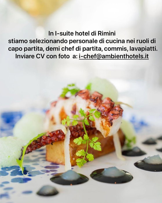 In I-suite hotel di Rimini
stiamo selezionando personale di cucina nei ruoli di
capo partita, demi chef di partita, commis, lavapiatti.
Inviare CV con foto a: i-chef@ambienthotels.it