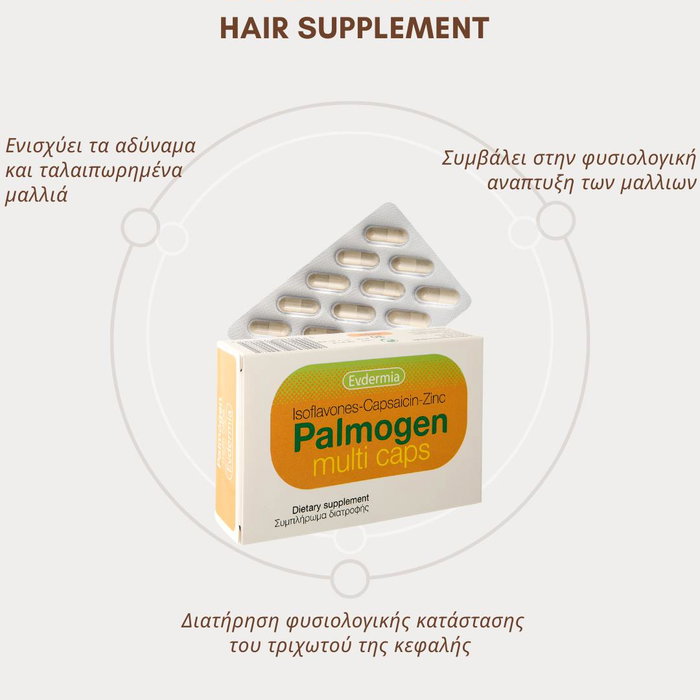 Healthy hair starts from within. ✨ Το Palmogen Multi Caps αποτελεί μέρος της καθημερινής φροντίδας των μαλλιών, συμβάλλο