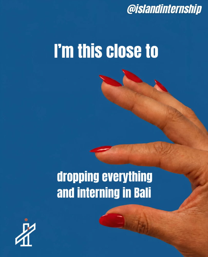 Instagram graphic for island internship featuring a hand making a small pinching gesture against a …
