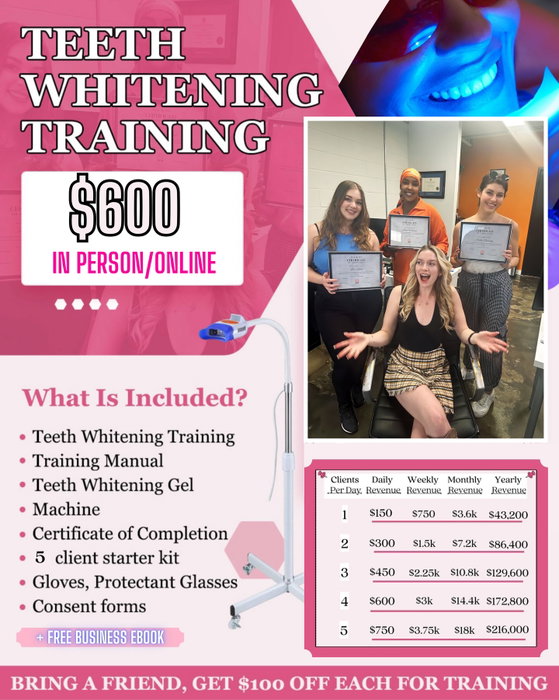 🚨 NOW ENROLLING: PROFESSIONAL TEETH WHITENING TRAINING ✨🦷

Ready to start a high-income beauty business on your own schedule? 💼🤍

Imagine building a business with the potential to earn 6+ figures per year while helping clients achieve brighter, more confident smiles. ✨

Your training includes:
✔️ Hands-on, in-depth training
✔️ Professional teeth whitening machine
✔️ Complete 5-client starter kit
✔️ Comprehensive training manual
✔️ My exclusive business e-book with the exact strategies I used to build a thriving client base 📈

Whether you’re adding a new service to your existing business or starting from scratch, you’ll leave with the knowledge, tools, and confidence to begin taking clients right away. 💎

📩 Message me for course details & pricing. Limited spots available!