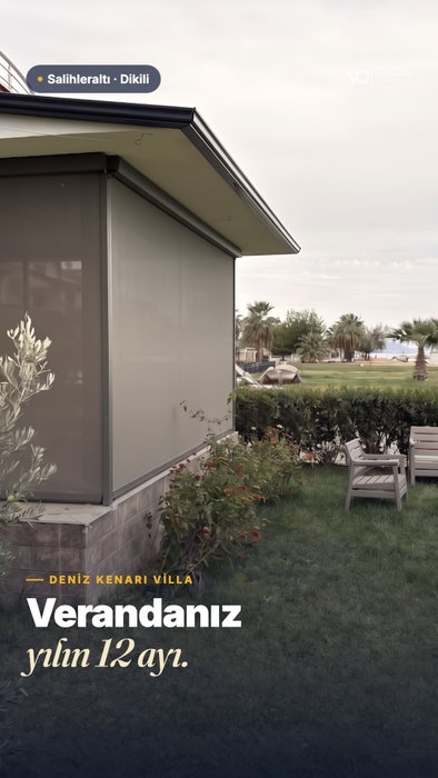 Dikili Salihleraltı'nda deniz kenarı villa: cam veranda akşa