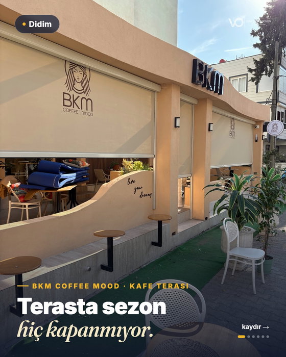 Didim Çamlık'ta BKM Coffee Mood: terastaki masalar rüzgârlı