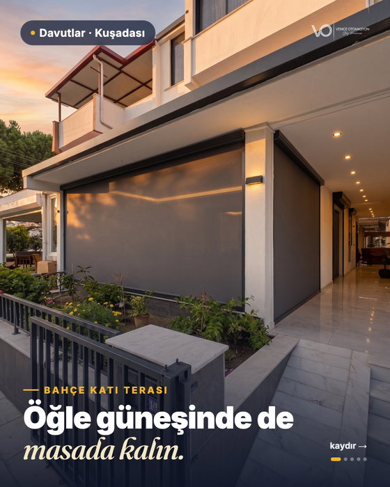 Davutlar'da bahçe katı terası, artık öğle güneşinde de masad