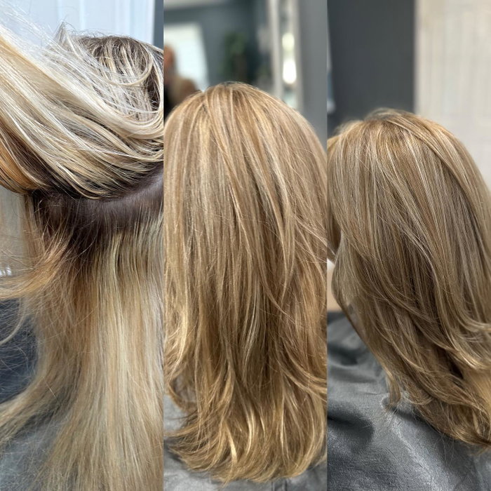 This client of mine came in for color correction it was overly bleached and multiple brassy colors and so here is the re