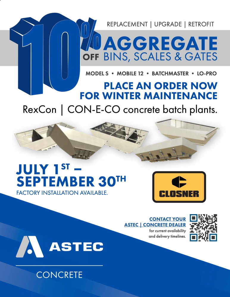The best time to upgrade your batch plant is before downtime costs you production.
Take advantage of 10% OFF aggregate bins, scales, and gates for Astec, RexCon, and CON-E-CO concrete batch plants through September 30th.
Whether you're replacing worn components or planning a retrofit, our team is here to help keep your plant running at peak performance.