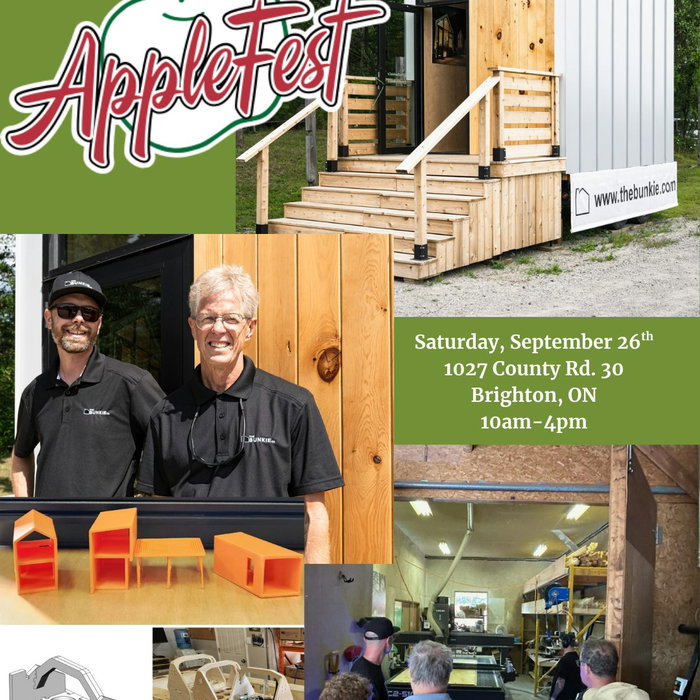 It's that time of year again 🍎 🍁 🎉  We love a good community event, and Brighton Applefest is almost here! 

When: Saturday, September 26 from 10am - 4pm
Where: 1027 County Rd 30, Brighton, ON K0K 1M0
What: Our annual shop tour as part of the Applefest event lineup!

We're proud to be a part of this community and invite locals and visitors to see how we build our Bunkies. Come check out what we have planned:

✨  Live CNC demonstrations: See how we fabricate our unique puzzle style framing system.

✨  STEM activities for kids: Build small 3D puzzles and take them home!

✨  3D printing: Watch a printer create miniature prototypes for our upcoming models.

✨  Showroom tour: Walk through our on site model and see why our locally made Bunkies are so different from the others.

✨  View some behind the scenes concept designs for our upcoming ADU models.

Find the Eventbrite link in our bio and let us know you're coming! 😎 See you there!

#theBunkie #Applefest #BrightonApplefest #BunkieOpenhouse #FallFestival #Stem #Maker #IndustrialDesign