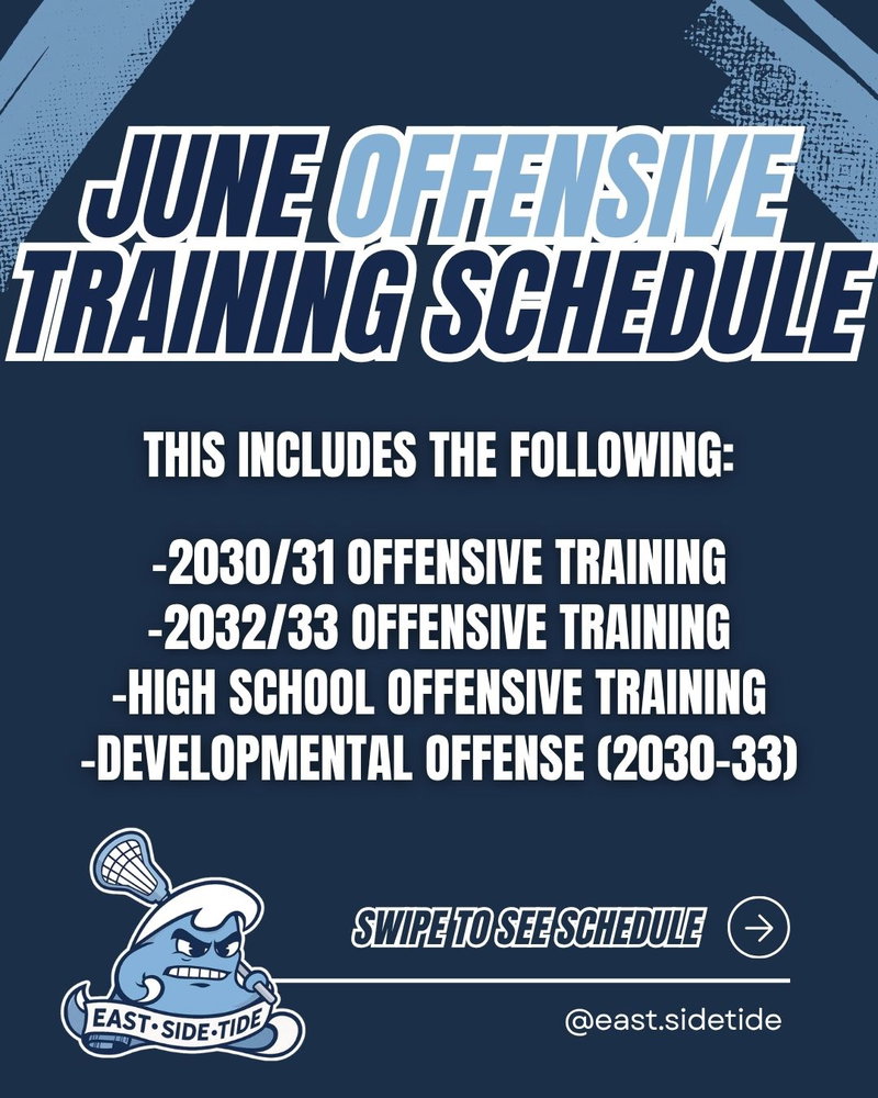 Here's our June Offensive Training Schedule.
We're offering Elite Offensive Training groups for players in the 2027-2033 classes, as well as a developmental training group for players in the 2030-33 classes.
Our developmental program is specifically tailored around players newer to the game of lacrosse looking to build a solid foundation of stickwork, footwork, and shooting.
Don't wait to register! Availability is limited and spots are filling fast!
All sessions are held at ES Lacrosse Woodbury.
#eastsidetide