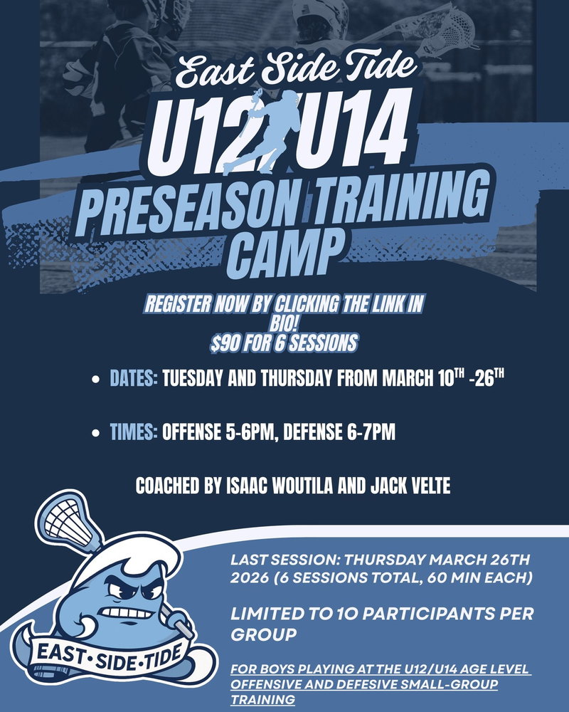 We are happy to announce our U12/U14 Preseason Training Camp at ES Lacrosse!
Open to players of all skill levels. 6 sessions. 60 minutes each. $90 all in.
Hit the link in bio to register. Spots are going fast!