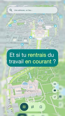 Oublie le métro. Tu mets ton bureau et chez toi : l’app te trace le meilleur chemin pour rentrer en courant 🏃‍♂️ Parcs, fontaines et toilet