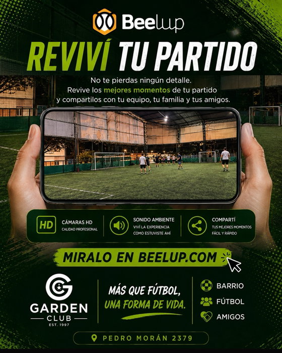 ⚽ REVIVÍ TU PARTIDO EN GARDEN CLUB 📹

Ahora podés volver a vivir cada jugada, cada gol y cada momento de tu partido con Beelup.

🎥 Cámaras HD
🔊 Sonido ambiente
📲 Compartí tus mejores momentos

Jugá como siempre. Guardá el partido para volver a disfrutarlo cuando quieras.

👉 MIRALO EN BEELUP.COM
@beelup.ar 

📍 Garden Club — Pedro Morán 2379
Más que fútbol, una forma de vida.

#GardenClub #Beelup #RevivíTuPartido #Fútbol #Fútbol5 FútbolConAmigos LaPlata BarrioFútbolAmigos