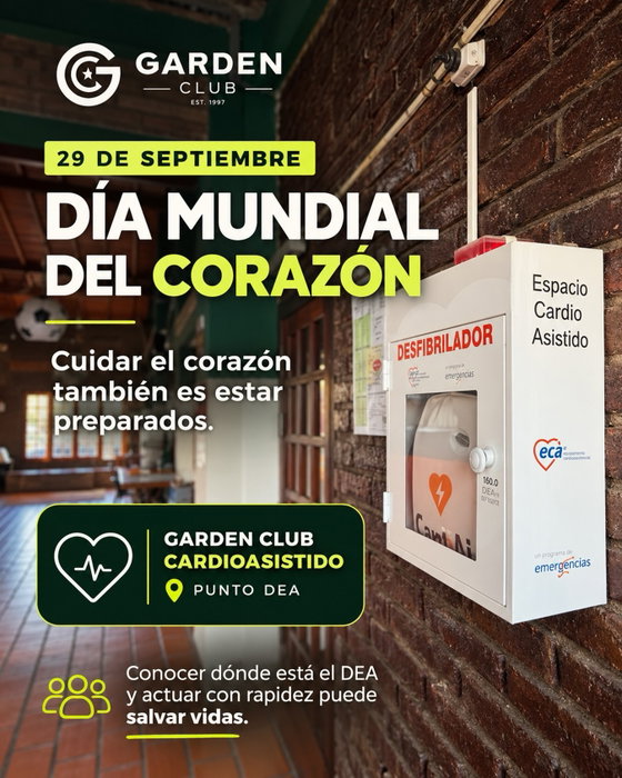 ❤️ 29 de septiembre | Día Mundial del Corazón

En Garden Club creemos que cuidar la salud también es parte del deporte y de nuestra comunidad.

Por eso, somos un Club Cardioasistido, con un Punto DEA (Desfibrilador Externo Automático) disponible para actuar ante una emergencia cardíaca.

❤️ Promovemos la prevención y el cuidado del corazón.
🏟️ Fomentamos espacios deportivos seguros.
🚨 Estamos preparados para responder ante una emergencia.

Conocer dónde está el DEA y saber cómo actuar puede salvar vidas.

En Garden, cuidarnos también es parte del juego.

#GardenClub #DíaMundialDelCorazón #ClubCardioasistido #PuntoDEA #RCP Prevención SaludCardiovascular DeporteYSalud ComunidadGarden