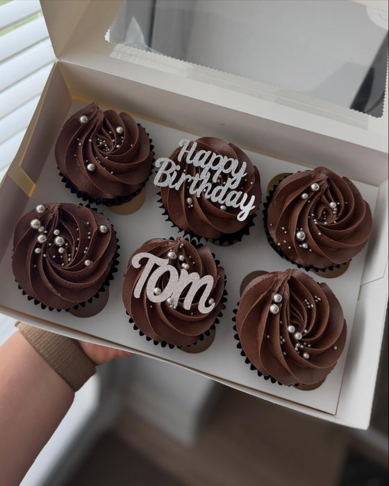 Chocolate birthday cupcakes with silver detailing 🤍