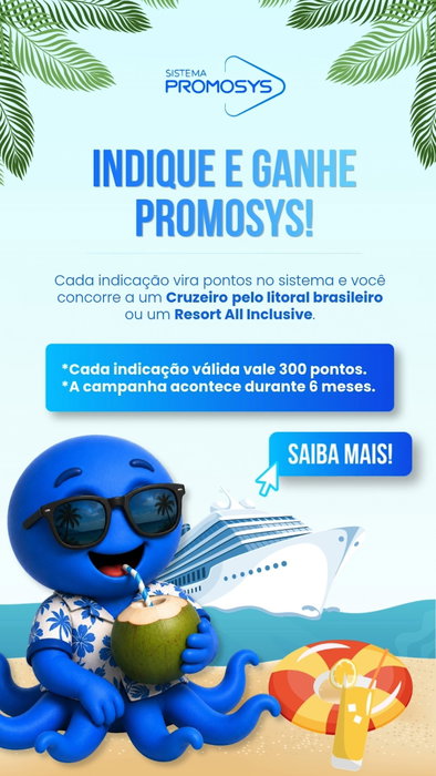 Quer viajar com tudo pago? Participe do Indique e Ganhe! Indique novos usuários para o Promosys e concorra a férias inesquecíveis. Quanto mais você indicar, mais chances tem de ganhar. Assista ao vídeo para entender as regras e comece a indicar agora mesmo.