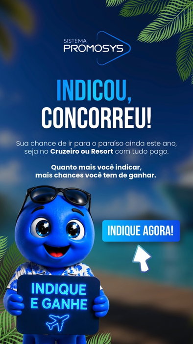 Você conhece algum correspondente que ainda faz tudo na mão? 👀 O Promosys reúne simulação, enriquecimento, campanhas, WhatsApp e CRM em um só lugar. E agora, além de ajudar seu amigo a evoluir, você também pode ser recompensado por isso. Ao indicar uma empresa que contrata e ativa o Promosys, você acumula pontos e se aproxima de um Resort All Inclusive ou um Cruzeiro pelo litoral brasileiro. 🏆 Comenta "Indicação" aqui embaixo que a gente te manda o link da campanha! 👇