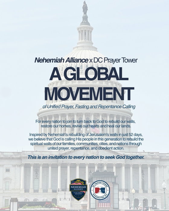 Join us for a special Prayer Nights as part of the 52 Days of Prayer & Fasting, as we unite in prayer, fasting, and repentance for our nation. 🇺🇸🙏🏻🔥

DC Prayer Tower is joining the Nehemiah Alliance Prayer Movement for America @nehemiahalliance —
We’re also honored to be chosen to serve as the State Leader for Washington, D.C.

📅 September 18th & October 23rd, 2026
🕢 07:30 PM
📍 DC Prayer Tower
1420 K St NW, Suite 800
Washington, D.C. 20005

Washington, DC—we are called to pray. 🔥