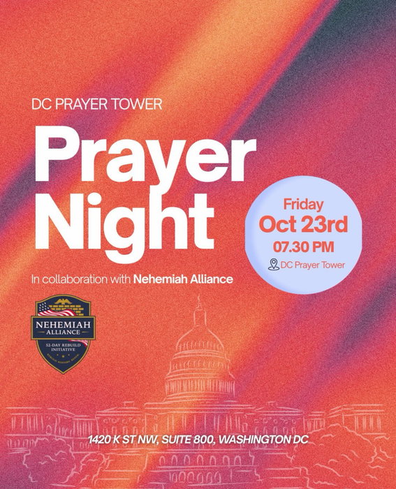 We’re inviting everyone to join our Prayer Night in collaboration with @nehemiahalliance on Friday, October 23rd, at 7:30 PM! 🙏

You are so welcome to come and join us as we seek God together in prayer. Let’s believe for breakthrough, revival, and transformation as we unite in His presence! 🔥