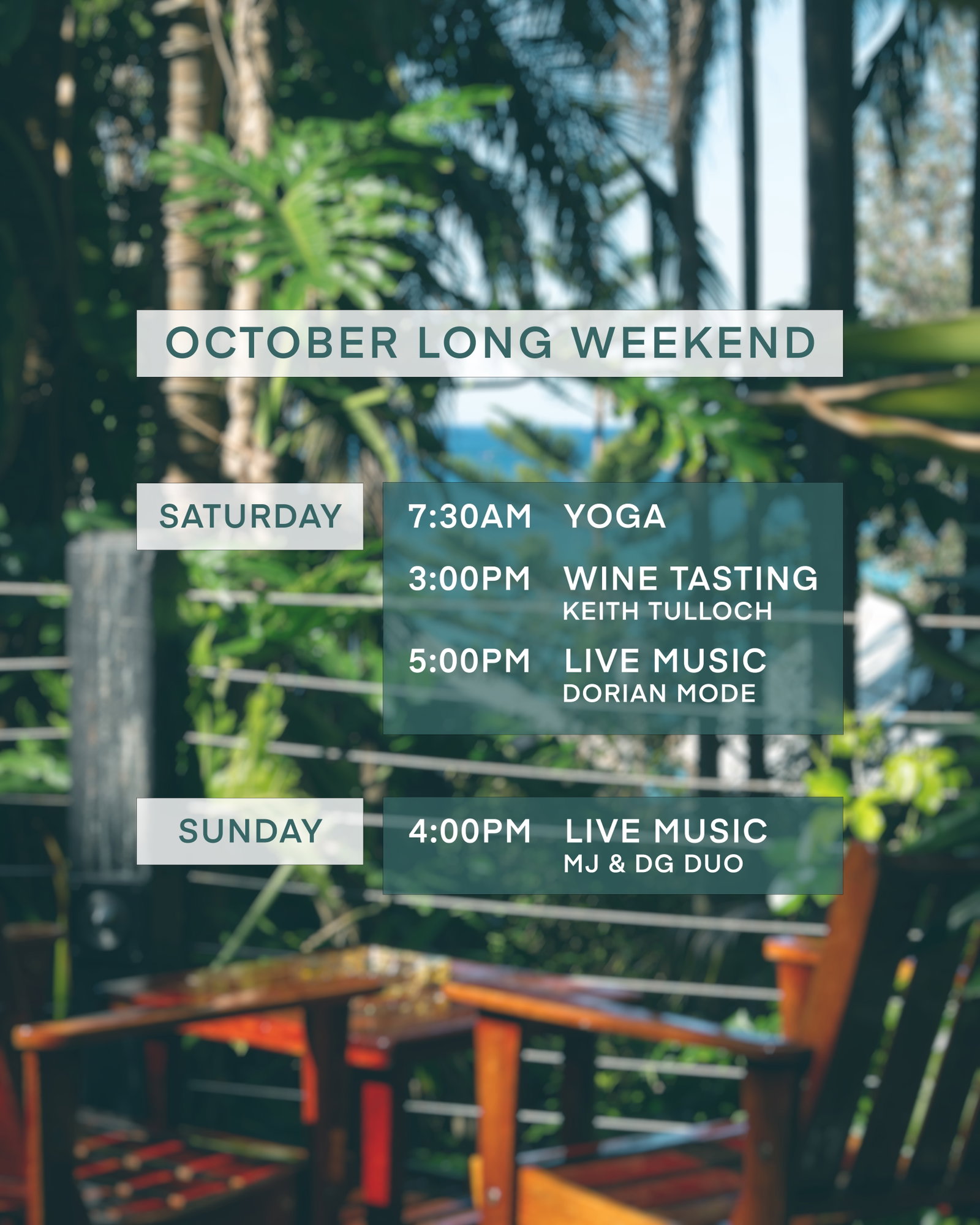 Get in quick! October Long Weekend is fast approaching and you do not want to miss out on what’s happening at Kims 🏖️Saturday  • Beachfront yoga – 7:30am – Complimentary for staying guests; $20pp for casuals.• Keith Tulloch wine tasting – 3-5pm – Complimentary for staying guests; $15pp for casuals. Accompanying cheese plate included.• Live music from 5pm Saturday by Dorian ModeSunday • Sunday session in the bar – MJ & DG duo live from 4pm with our bar food dining available in addition to Kims restaurant.Our restaurant will be open for breakfast on Friday, Saturday, Sunday & Monday and dinner on Friday, Saturday and Sunday evenings.Accommodation still available from $550 per night including breakfast.Book any of our events through Opentable. Any questions? Give reception a call 43321566 🌴#kimsbeachsideretreat #octoberlongweekend #livemusiccentralcoast #centralcoastnsw