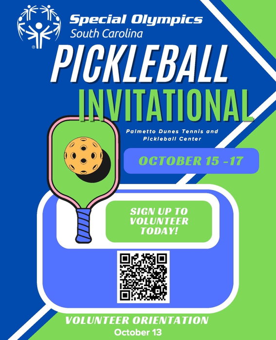 Volunteer with Special Olympics South Carolina October 15th - 17th here at Palmetto Dunes Tennis & Pickleball Center for the Special Olympics Pickleball Invitational on Hilton Head Island, SC! 🏓🌴☀️🌊

To sign up, scan the QR code or email SpecOlymPickleball@yahoo.com to request the link 😊

Thank you! We look forward to being a part of this wonderful event at Palmetto Dunes Resort!