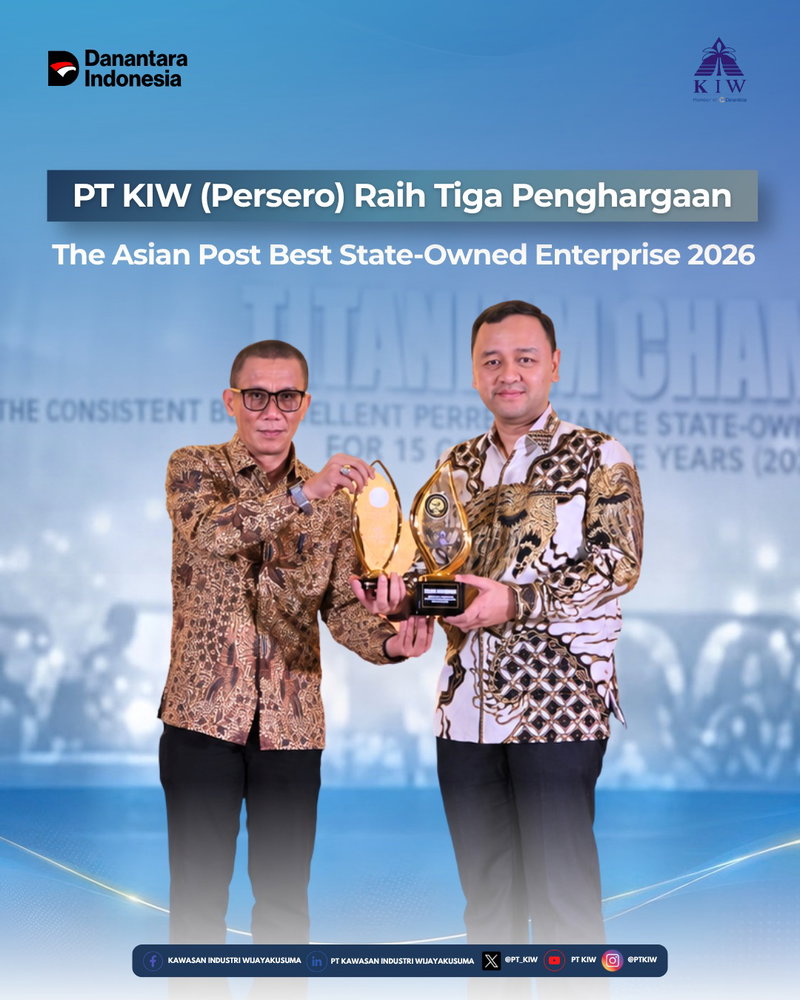 PT Kawasan Industri Wijayakusuma (Persero) kembali memperoleh apresiasi atas kinerja perusahaan melalui tiga penghargaan dalam ajang THE ASIAN POST BEST STATE-OWNED ENTERPRISE 2026. Penghargaan tersebut diserahkan dalam rangkaian Indonesia Collaborative Forum 2026 yang diselenggarakan pada Kamis, 8 Oktober 2026, di Hotel Shangri-La, Jakarta.

Direktur Utama PT KIW (Persero), Rezza Arief Budy Artha, hadir secara langsung untuk menerima penghargaan tersebut sebagai bentuk apresiasi atas kinerja perusahaan, khususnya berdasarkan capaian keuangan tahun 2025.

Adapun tiga penghargaan yang berhasil diraih PT KIW (Persero), yaitu:
🏆 THE BEST PERFORMANCE STATE OWNED ENTERPRISE SUBSIDIARY 2026 (Based on Financial Performance 2025).
🏆 THE EXCELLENT PERFORMANCE STATE-OWNED ENTERPRISE SUBSIDIARY FOR 15 CONSECUTIVE YEARS: 2012–2026.
🏆 THE EXCELLENT PERFORMANCE STATE-OWNED ENTERPRISE SUBSIDIARY 2026 (Based on Financial Performance of 2025).

Pencapaian ini menjadi apresiasi atas kinerja PT KIW (Persero) sekaligus motivasi untuk terus meningkatkan profesionalisme, memperkuat tata kelola perusahaan, serta mengembangkan kawasan industri yang berdaya saing dan berkelanjutan.

Sejalan dengan tema Indonesia Collaborative Forum 2026, yaitu “Collaborative and Strategic Leadership for Prosperity and Self-Reliance”, PT KIW (Persero) berkomitmen untuk terus mendorong kolaborasi strategis dan menciptakan nilai tambah bagi pemangku kepentingan serta mendukung pertumbuhan ekonomi nasional.

PT KIW (Persero) — Expanding Bigger, Evolving Better.

#PTKIW #PTKIWPersero #TheAsianPost #BestStateOwnedEnterprise2026 #DanantaraIndonesia #HoldingBUMNDanareksa
