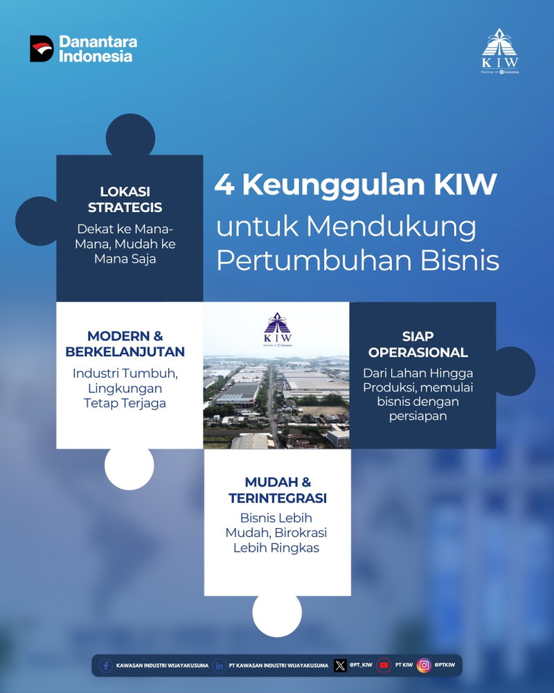 Empat Keunggulan KIW untuk Mendukung Pertumbuhan Bisnis

Memilih kawasan industri bukan hanya tentang menentukan lokasi, tetapi juga tentang memastikan setiap kebutuhan operasional dapat berjalan secara efektif dan berkelanjutan.

PT Kawasan Industri Wijayakusuma (KIW) hadir sebagai kawasan industri yang memberikan berbagai kemudahan dan dukungan bagi pelaku usaha melalui empat keunggulan utama:

📍 01 — LOKASI STRATEGIS
Dekat ke Mana-Mana, Mudah ke Mana Saja
Lokasi strategis memberikan kemudahan akses dan mendukung kelancaran mobilitas serta distribusi kegiatan industri.

🏭 02 — SIAP OPERASIONAL
Dari Lahan Hingga Produksi, Memulai Bisnis dengan Persiapan
Ketersediaan lahan, infrastruktur, dan berbagai kebutuhan pendukung memberikan kesiapan bagi pelaku usaha untuk memulai dan mengembangkan kegiatan bisnis.

🤝 03 — MUDAH & TERINTEGRASI
Bisnis Lebih Mudah, Birokrasi Lebih Ringkas
Dukungan layanan yang terintegrasi membantu memberikan kemudahan bagi pelaku usaha dalam memenuhi berbagai kebutuhan bisnis dan investasi.

🌱 04 — MODERN & BERKELANJUTAN
Industri Tumbuh, Lingkungan Tetap Terjaga
Pengembangan kawasan tidak hanya berorientasi pada pertumbuhan industri, tetapi juga memperhatikan aspek lingkungan dan keberlanjutan.

Dengan keunggulan tersebut, KIW terus berkomitmen menghadirkan kawasan industri yang mampu mendukung kebutuhan dunia usaha sekaligus menciptakan ekosistem industri yang modern, produktif, dan berkelanjutan.

#PTKIW #DanantaraIndonesia #HoldingBUMNDanareksa