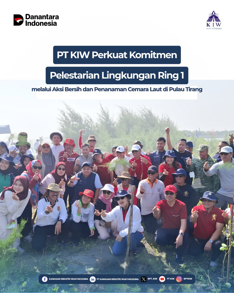 🌿 PT Kawasan Industri Wijayakusuma (PT KIW) terus menunjukkan komitmennya dalam menjaga kelestarian lingkungan, khususnya di wilayah Ring 1 perusahaan.

Pada Minggu, 12 Juli 2026, PT KIW berpartisipasi dalam Kegiatan Aksi Bersih dan Tanam Cemara Laut yang diselenggarakan oleh Karang Taruna Kecamatan Tugu di Dermaga Tapak, Pulau Tirang, Kelurahan Tugurejo, Kecamatan Tugu, Kota Semarang.

Kegiatan ini merupakan upaya bersama untuk meningkatkan kepedulian terhadap kelestarian lingkungan pesisir sekaligus menjaga ekosistem pantai di kawasan pesisir Kota Semarang.

PT KIW hadir diwakili Head of Corporate Secretary, Ismail Shaleh, beserta tim. Kegiatan tersebut juga dihadiri oleh Wali Kota Semarang, Agustina Wilujeng Pramestuti, beserta unsur pemerintah daerah, masyarakat, dan berbagai pemangku kepentingan yang memiliki kepedulian terhadap pelestarian lingkungan.

Rangkaian kegiatan diawali dengan penyerahan simbolis bibit cemara laut, dilanjutkan sambutan dari Wali Kota Semarang, penanaman simbolis di Dermaga Tapak, susur sungai menuju Pulau Tirang, hingga kegiatan penanaman cemara laut dan aksi bersih-bersih kawasan pesisir.

Partisipasi PT KIW dalam kegiatan ini merupakan wujud nyata komitmen perusahaan untuk terus memprioritaskan pembangunan berkelanjutan di wilayah Ring 1 melalui kolaborasi bersama pemerintah dan masyarakat. Upaya pelestarian lingkungan pesisir diharapkan mampu menjaga keseimbangan ekosistem, mengurangi potensi abrasi, serta memberikan manfaat bagi generasi mendatang.

Mari bersama menjaga pesisir, menjaga lingkungan, dan menjaga masa depan.

#PTKIW #DanantaraIndonesia #HoldingBUMNDanareksa