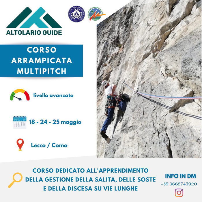 CORSO ARRAMPICATA MULTIPITCH 🧗‍♀️

ALLA SCOPERTA DELLA VERTICALITÀ

Corso dedicato all’apprendimento della gestione della salita, delle soste e della discesa su vie lunghe ⛰️

🗓️ 18 - 24 - 25 maggio

⌛️ durata: 3 giorni

ℹ️ in DM o 📞 3662745920

Scrivimi per scoprire i programmi dettagliati 👍
